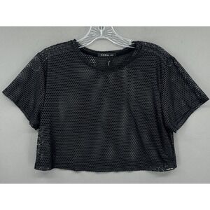 Koral Shirt Womens XS Black Cropped Open Mesh T-Shirt Shiny Workout Gym Training